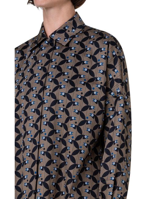 Akris Punto Black Abstract Bird Print Cotton Sateen Button-up Shirt