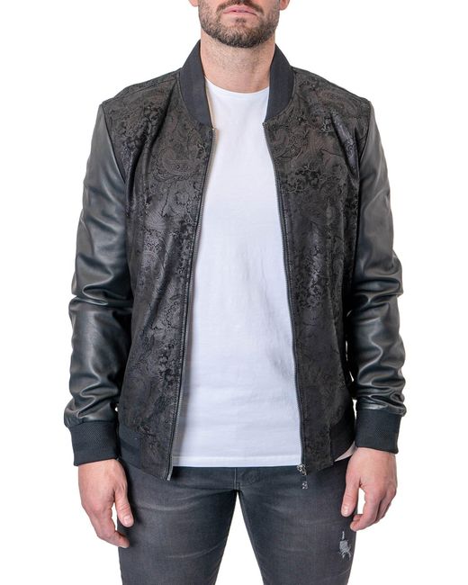Maceoo Black Paisley Leather Jacket for men