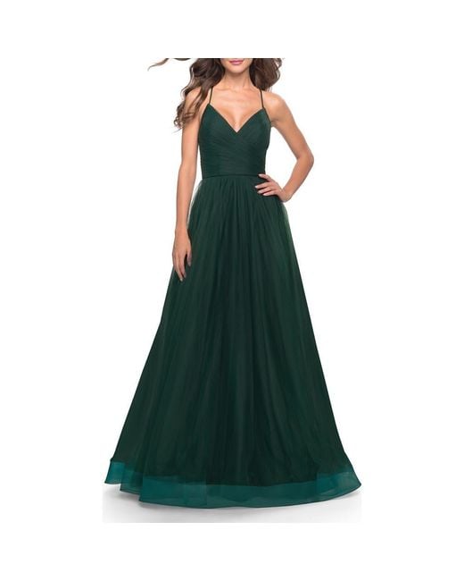 La Femme Green Long Tulle A-Line Gown With Side Slit And Pockets