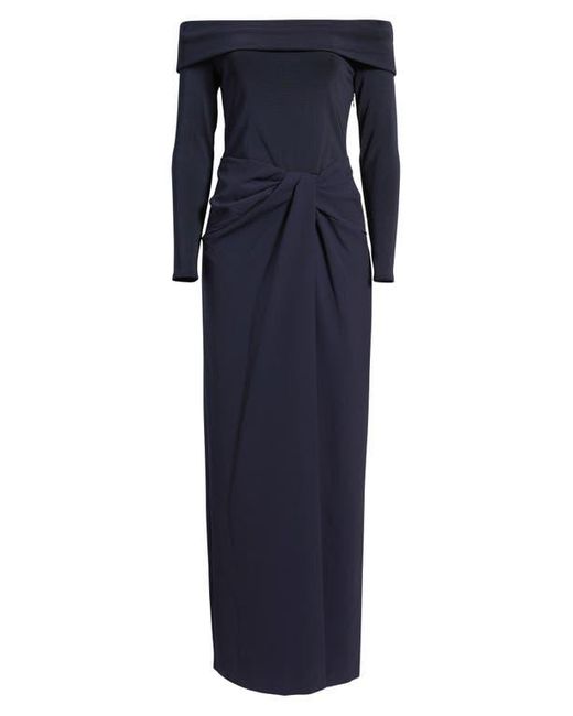 Ralph Lauren Blue Off The Shoulder Long Sleeve Rib & Crepe Gown