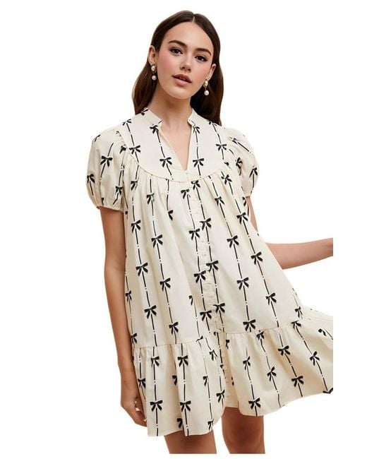 Knit & Lounge Multicolor Short Sleeve Bow Print Mini Dress