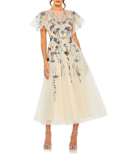 Mac Duggal Natural Flutter Sleeve High Neck Embellished Floral Dress
