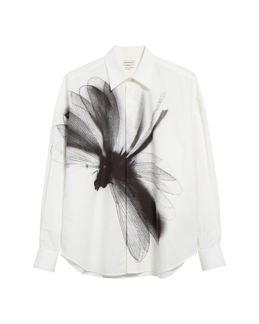 Alexander McQueen White Dragonfly Print Long Sleeve Cotton Button-up Shirt for men