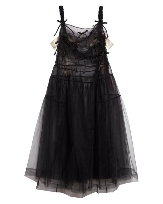 Sandy Liang Black Monchi Bow Sheer Tulle Midi Dress