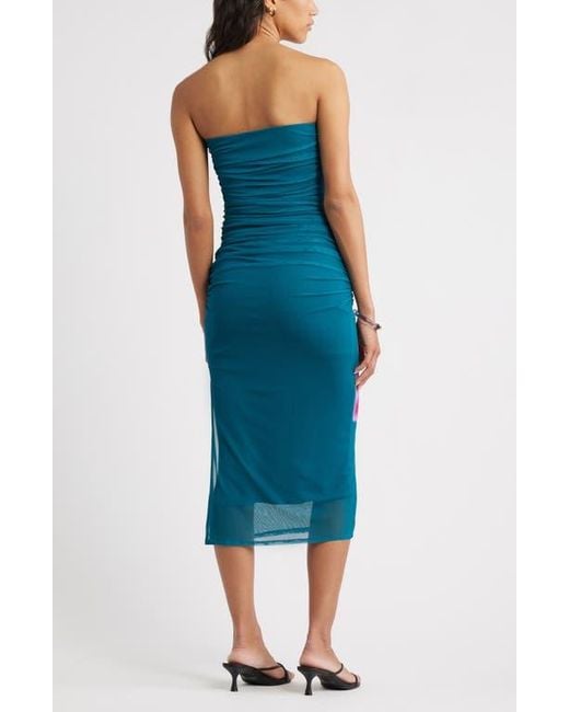 Open Edit Blue Ruched Strapless Mesh Dress