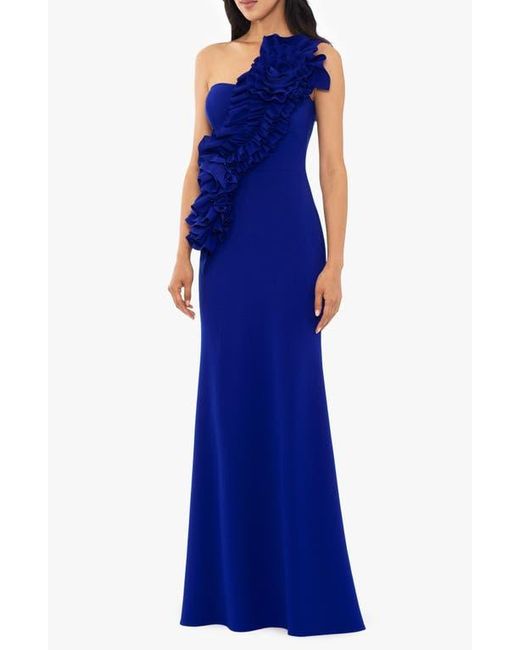 Betsy & Adam Blue Rosette One-Shoulder Trumpet Gown