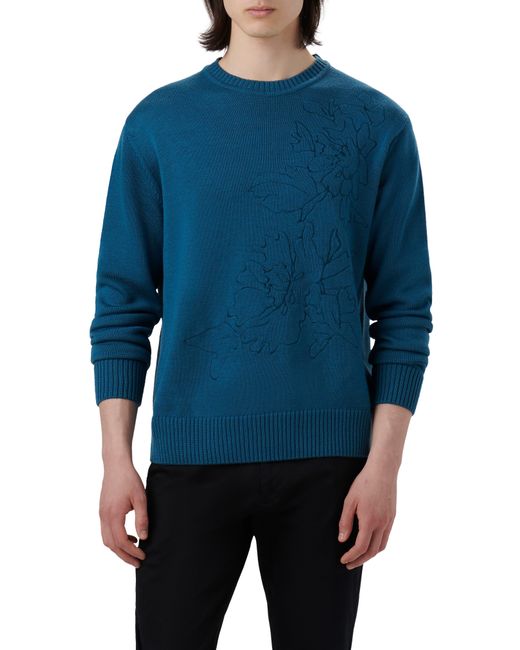 Bugatchi Blue Embroidered Merino Wool Crewneck Sweater for men