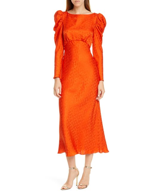 Saloni Orange Ruched Shoulder Midi Dress