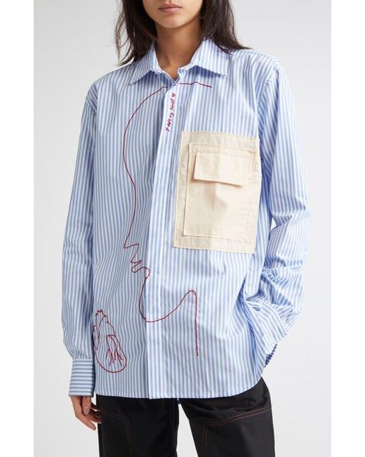 KÚR White I Left My Heart Hand-Embroidered Stripe Button-Up Shirt