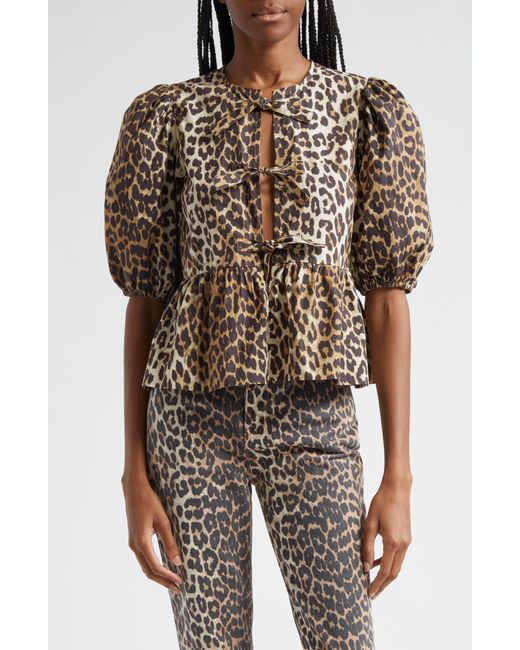 Ganni White Print Tie Front Organic Cotton Top At Nordstrom