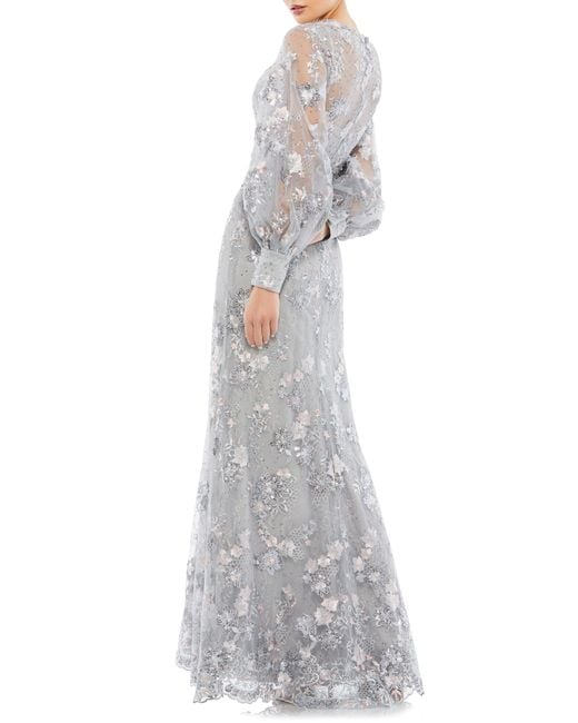 Mac Duggal Gray Embellished Illusion Neck Long Sleeve Gown