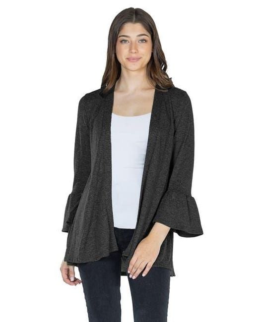 24seven Comfort Apparel Gray Knit Three Quarter Bell Sleeve Open Cardigan