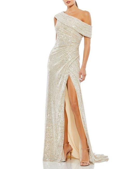 Mac Duggal Metallic One-Shoulder Ruched Sequined Gown