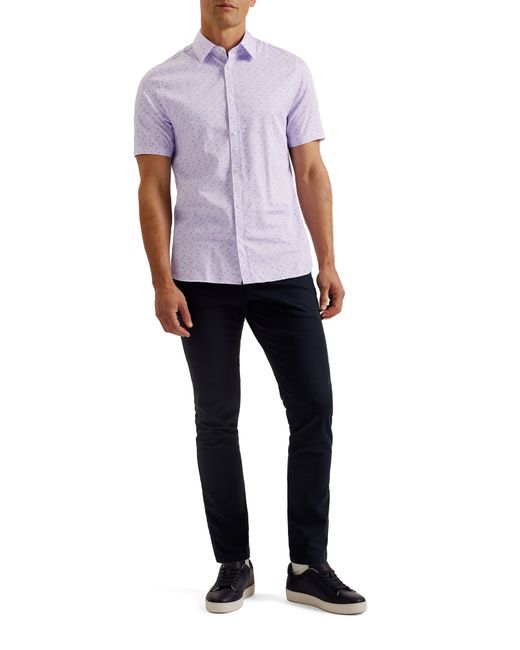 Ted Baker Purple Barhill Geometric Print Stretch Short Sleeve Button-up Shirt for men