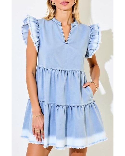 Modenaire Blue Tiered Denim Ruffle-Sleeve Frayed-Hem Mini Dress