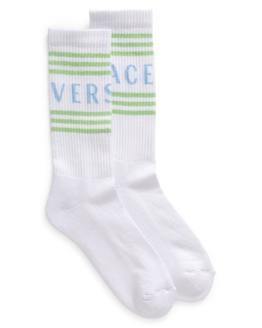 Versace White Jacquard Logo Cotton Blend Crew Socks for men