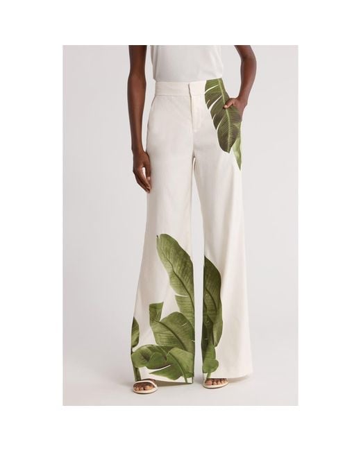 Alice + Olivia Green Dylan Placed Palm Leaf Print Wide Leg Linen Blend Pants