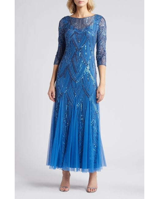 Pisarro Nights Blue Beaded Illusion Neck Gown