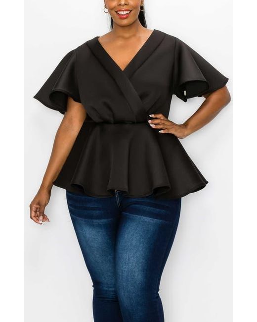 L I V D Black Siobhan Flutter Sleeve Scuba Knit Peplum Top