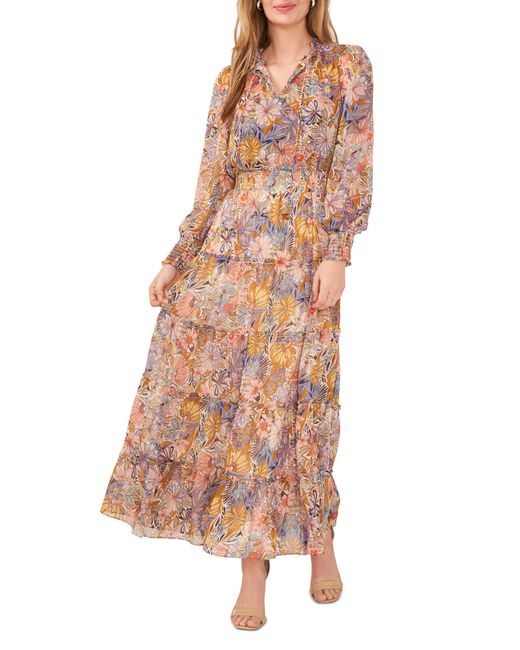 Chaus Multicolor Floral Metallic Smocked Waist Long Sleeve Tiered Midi Dress