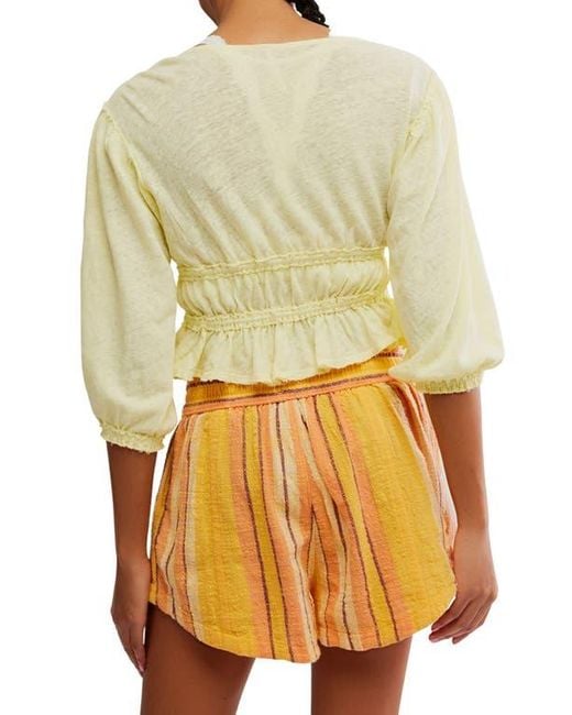 Free People Yellow Let's Go Tie Front Linen & Cotton Top