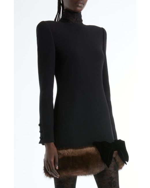 Valentino Black Long Sleeve Wool Crepe Minidress With Genuine Shearling Trim