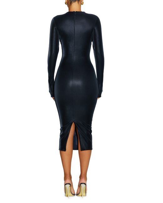 Naked Wardrobe Black Liquid Faux Suede Long Sleeve Midi Dress