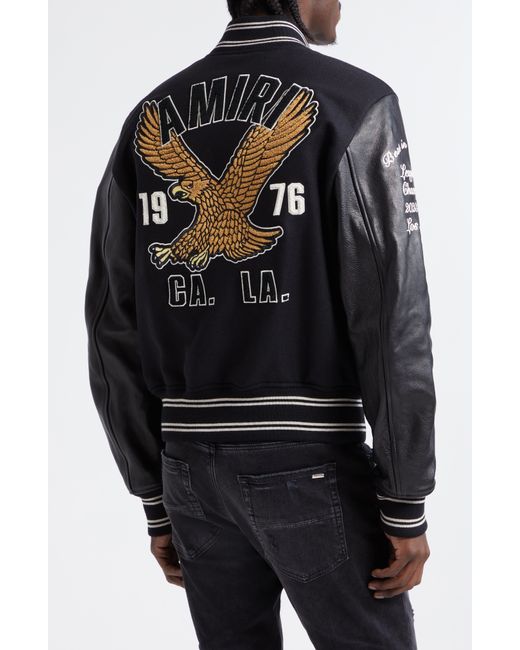 Amiri Black Eagle Patch Oversize Leather Sleeve Wool Blend Varsity Jacket for men