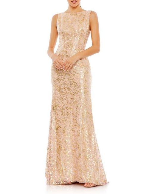 Mac Duggal Natural Sleeveless High Neck Sequin Gown