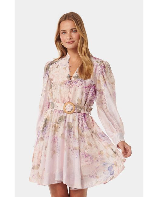 EVER NEW Pink Vienna Lace Trim Belted Long Sleeve Shirtdress