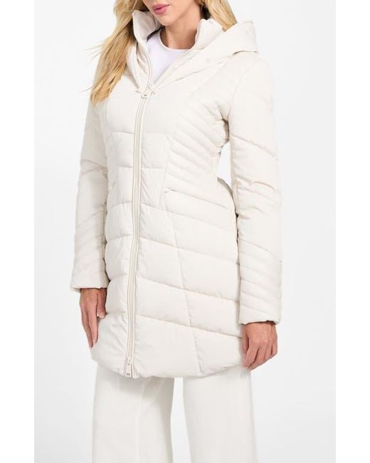 Guess White New Oxana Mixed Media Puffer Coat