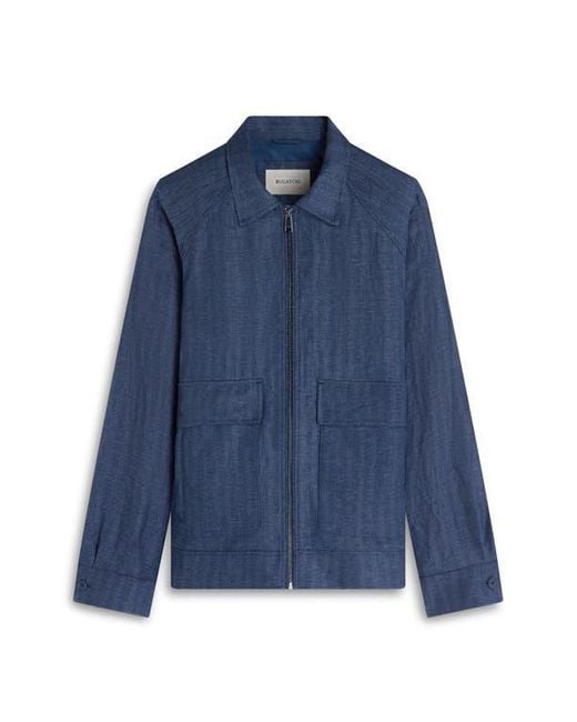 Bugatchi Blue Linen Bomber Jacket for men