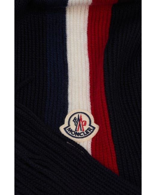 Moncler Blue Logo Patch Stripe Virgin Wool Fringe Scarf for men