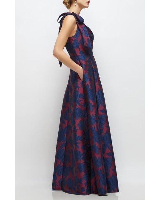 Alfred Sung Blue Bow One-Shoulder Jacquard Ballgown