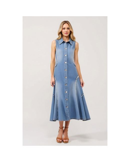 Modenaire Blue Sleeveless Denim Midi Dress With Frayed Seams And Button Front