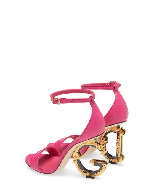 Dolce And Gabbana Leather Keira Baroque Dg Heel Sandal In Pink Lyst