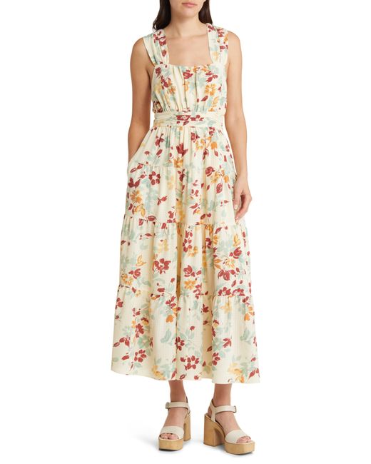 Moon River Natural Floral Smocked Tiered Crossover Back Midi Sundress