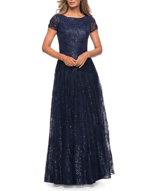 La Femme Blue Sequin Lace A-Line Gown With Sheer Short Sleeves