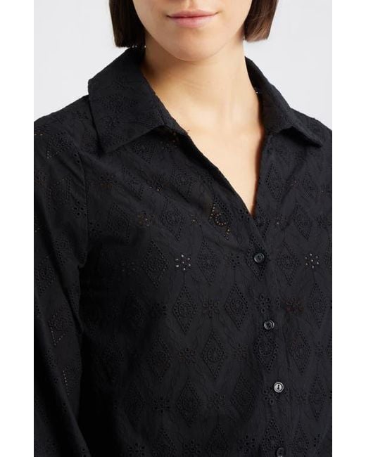 Bobeau Black Embroidered Eyelet Cotton Button-Up Shirt
