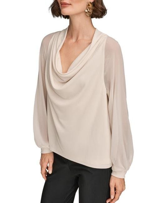 Donna Karan Natural Sheer Sleeve Cowl Neck Top