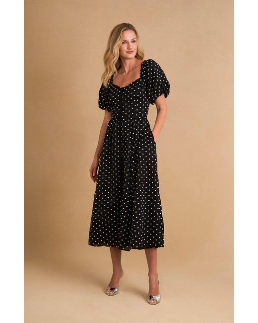 Cece Black Polka Dot Puff Sleeve Midi Dress