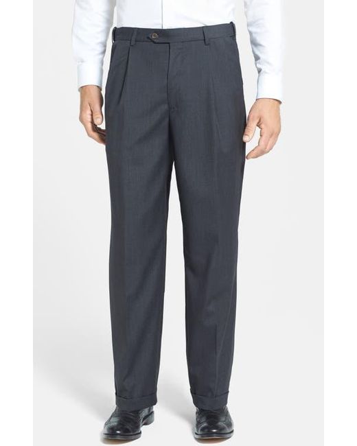 Berle Blue Self Sizer Waist Pleated Lightweight Plain Weave Classic Fit Trousers for men