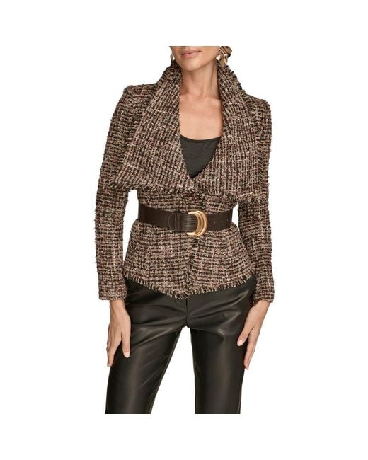 Donna Karan Women's Black Wide Lapel Belted Tweed Blazer