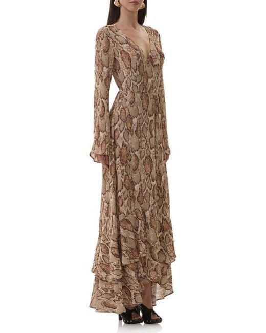 AFRM Mimi Snakeskin Print Long Sleeve Wrap Dress in Brown | Lyst