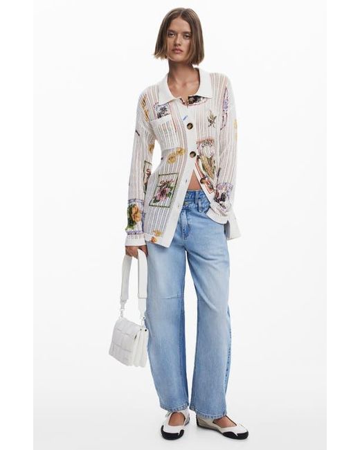 Desigual White Garden Print Open Stitch Cardigan
