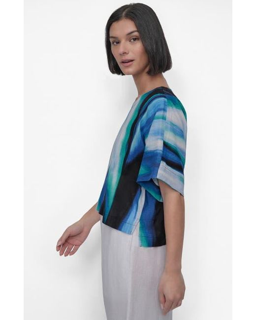 DKNY Blue Abstract Print Linen Top