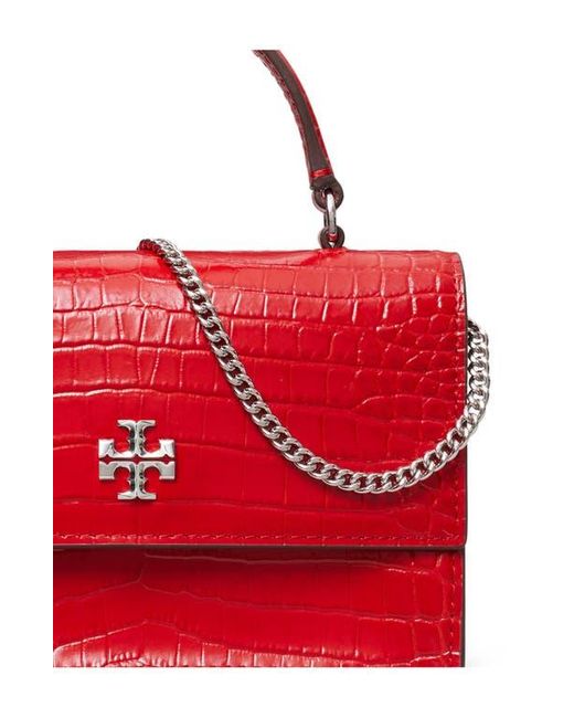 Tory Burch Red Mini Kira Croc Embossed Leather Top Handle Bag