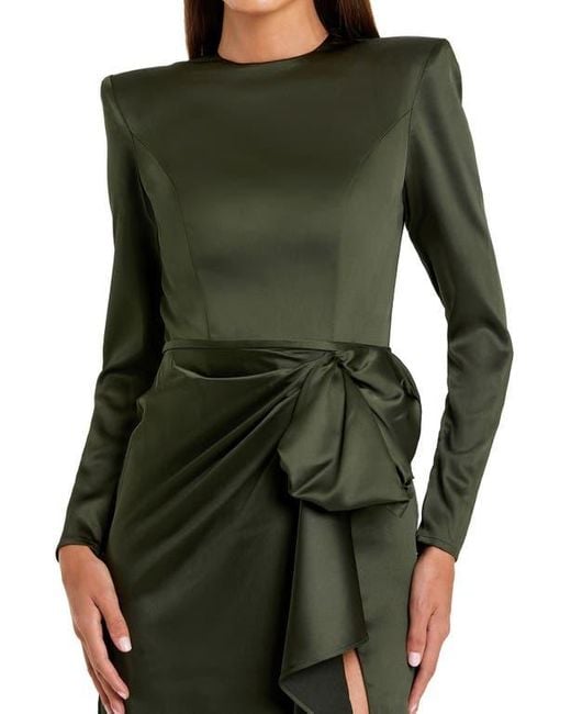 Mac Duggal Green Long Sleeve Structured Bow Draped Gown