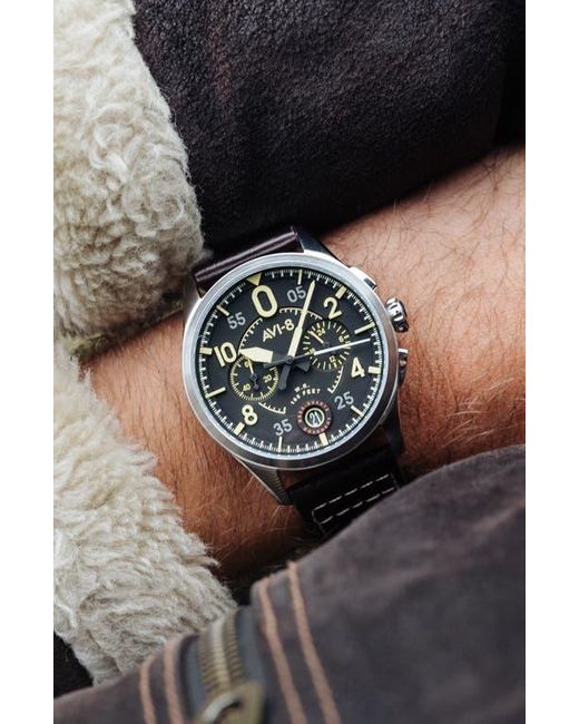 AVI-8 Black Spitfire Lock Midnight Oak Dial Chronograph Leather Strap Watch, 42Mm for men