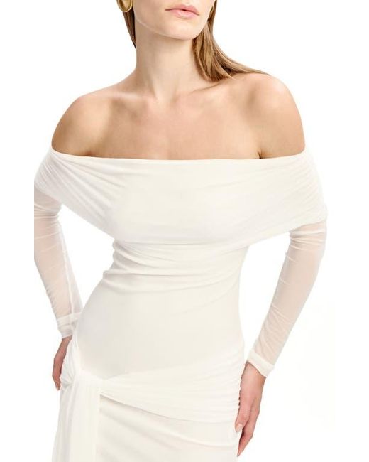 Bardot White Fernanda Off The Shoulder Long Sleeve Mesh Minidress